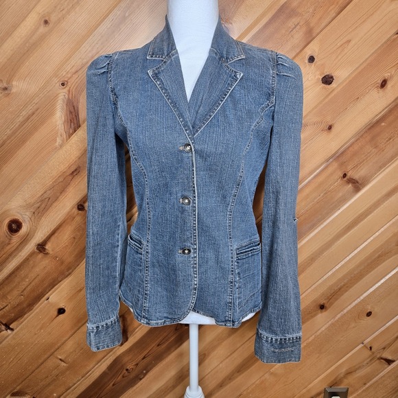 DKNY Y2K Denim Jacket Size Medium Puff‎ Shoulder - Picture 1 of 13
